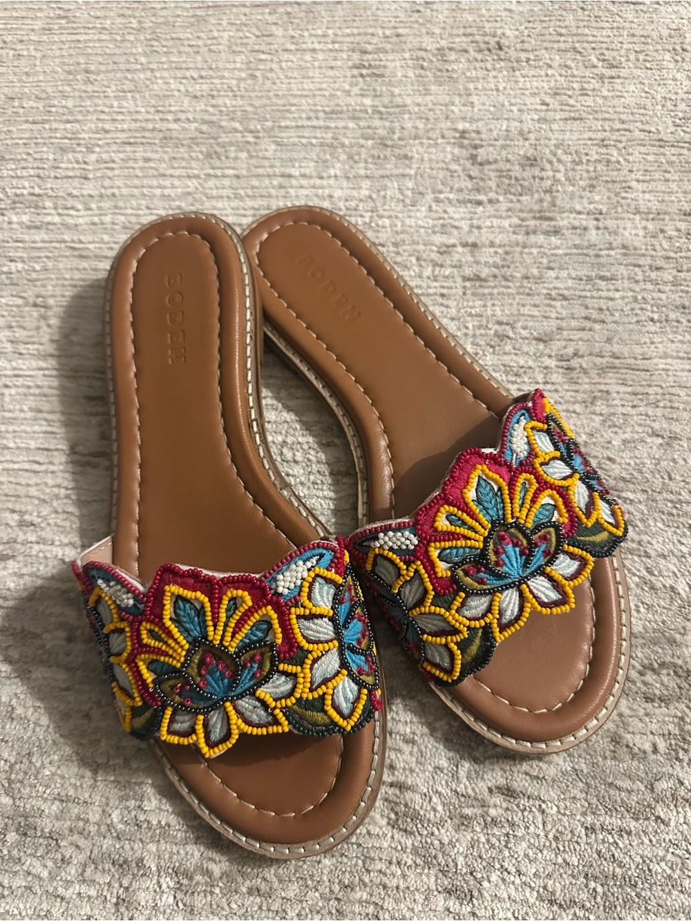 Boden Brown Slide Sandals with Multicolor Beaded Floral Embroidery